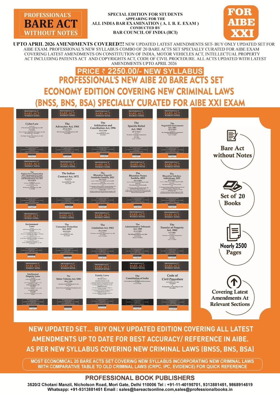 PROFESSIONAL'S NEW SYLLABUS ECONOMY EDITION Bare Acts without Notes for AIBE as per BCI Guidelines- New & Updated Set of 20 Books covering latest amendments includes New Criminal Laws (BNSS, BNS, BSA)