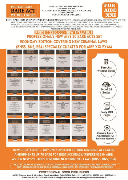 PROFESSIONAL'S NEW SYLLABUS ECONOMY EDITION Bare Acts without Notes for AIBE as per BCI Guidelines- New & Updated Set of 20 Books covering latest amendments includes New Criminal Laws (BNSS, BNS, BSA)