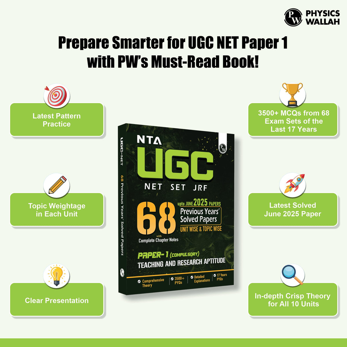 PW NTA 68 UGC NET Paper 1 (Teaching & Research Aptitude) Previous Year Solved Papers with Complete Chapter Notes I Unitwise and Topicwise | 17 Years PYQs upto June 2025 I NET, JRF, SET [Paperback] PW