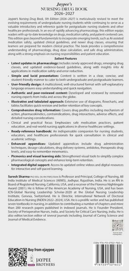 Jaypee's Nursing Drug Book (2026-2027), 5/E for BSc Nursing 3rd & 4th Semesters | Complete Pharmacology Drug Reference with Nursing Considerations, Dosage Calculations, Appendices and Online Videos