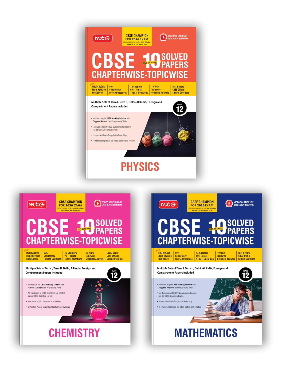 (Old Edition)MTG CBSE 10 Years (2025-2016) Class 12 Physics, Chemistry & Mathematics (Set of 3 Books)