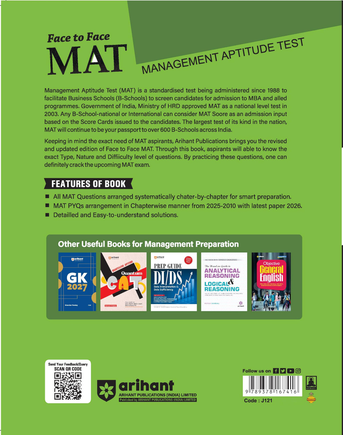 Arihant Face to Face MAT 17 Years Chapterwise Topicwise Solved Papers (2026-2010) | with Detailed Solutions & Trend Analysis | English Medium
