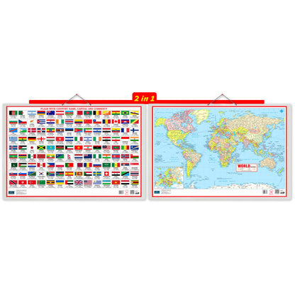 World Map And Flags 2in1 Double Side Printed Laminated 20 Inch x 30 Inch water proof With Country Name, Capital And Currency Chart For Kids Geography Learning Poster For School Classroom And Home