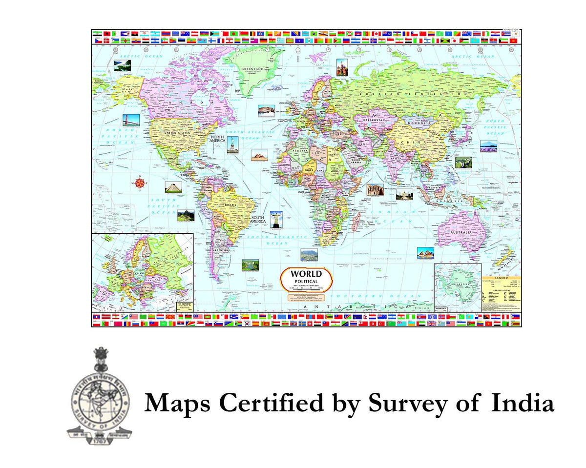 India Map & World Map Combo | LAMINATED | Size : 70 X 100 cm | India Map | World Map | Tear-Resistant, Waterproof, Adhesive Back Strips