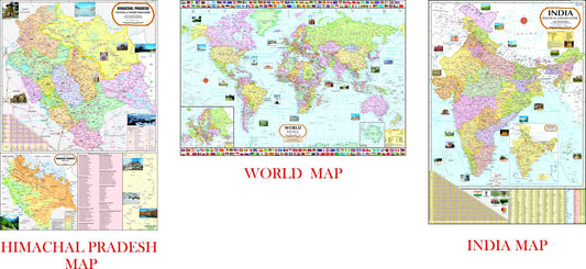 Himachal Pradesh Map, India Map & World Map | NON LAMINATED | SET OF 3 | Useful for UPSC, PCS, SSC, RAILWAY'S, State and Other Competitive Exams.