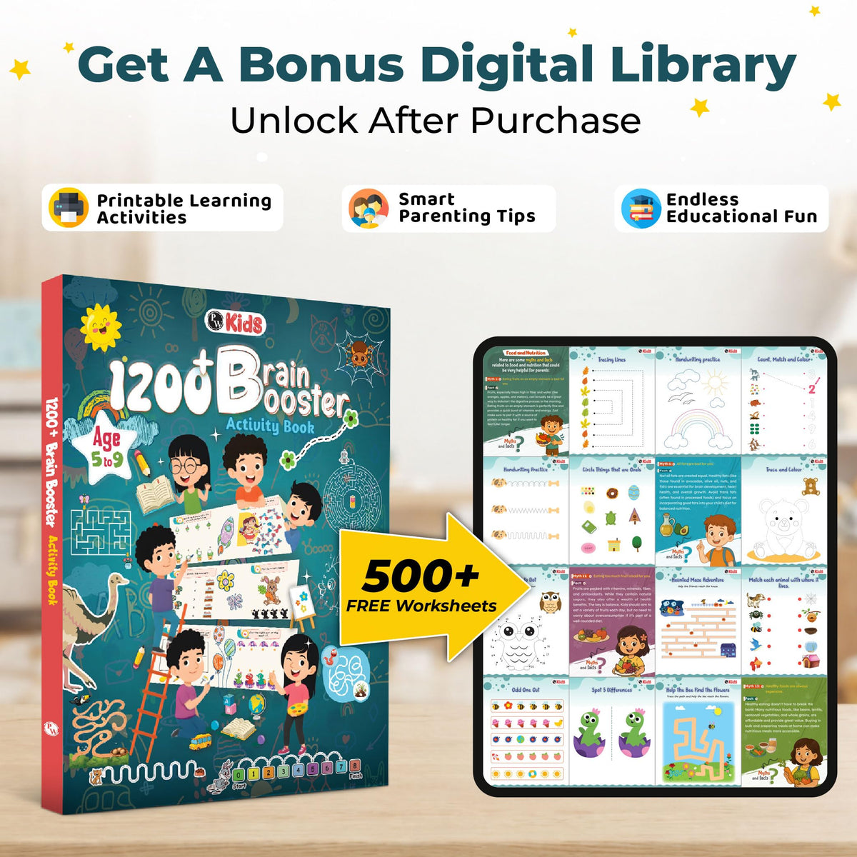 1200+ Brain Booster Activity Book for Kids Ages 5–9 | Theme Based Activity Book with 500+ Free Printable Worksheets & Parenting Tips | Puzzles, Mazes, Brain Teasers, Word Searches and Mind Games