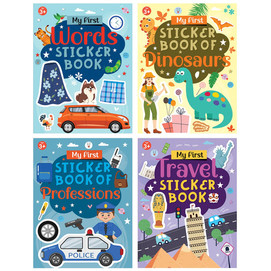 My First Sticker Book Set of 4 - Dinosaurs, Words, Professions & Travel - Early Learning Sticker Activity Books for Kids Ages 3+