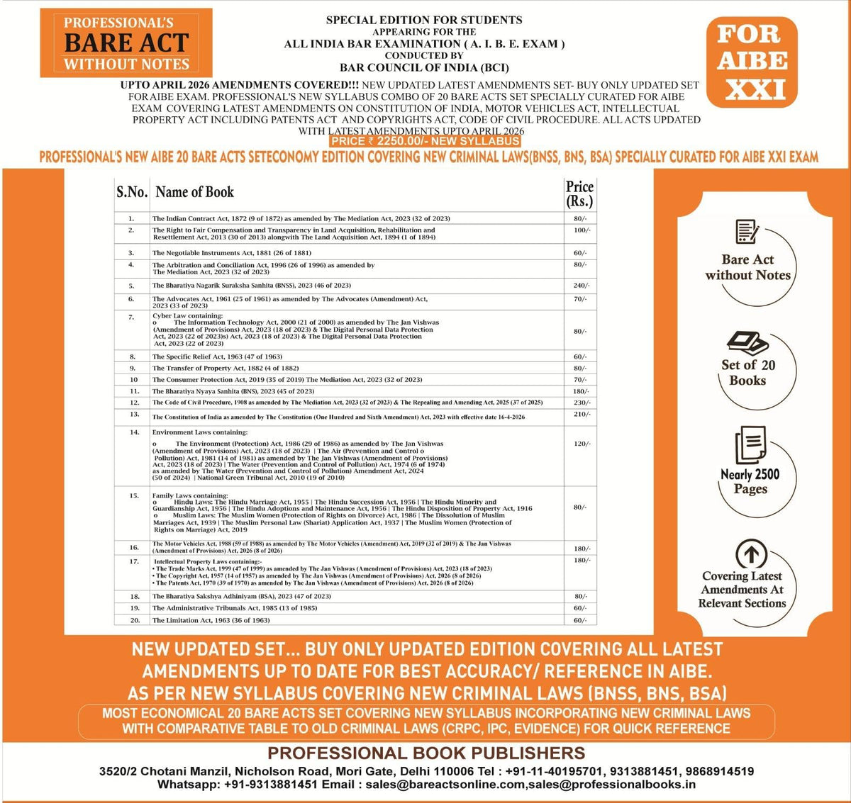 PROFESSIONAL'S NEW SYLLABUS ECONOMY EDITION Bare Acts without Notes for AIBE as per BCI Guidelines- New & Updated Set of 20 Books covering latest amendments includes New Criminal Laws (BNSS, BNS, BSA)