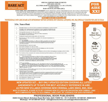 PROFESSIONAL'S NEW SYLLABUS ECONOMY EDITION Bare Acts without Notes for AIBE as per BCI Guidelines- New & Updated Set of 20 Books covering latest amendments includes New Criminal Laws (BNSS, BNS, BSA)