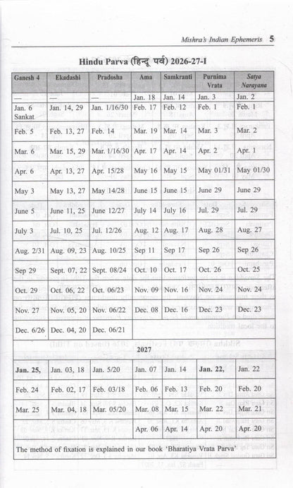 Mishras Indian Ephemeris 2026 Chitrapaksha Ayanamsha Rashtriya Rajdhani Panchang Samvat 2083 Daily Planetary Positions Jyotish Ganit Reference Guide Vedic Astrology Book
