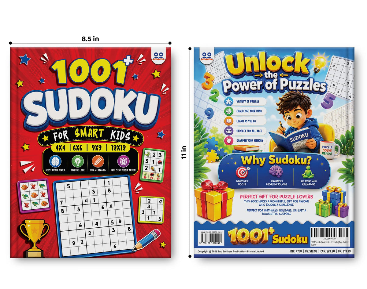 Sudoku Book for Kids | 1001+ Sudoku Puzzle Book for Kids & Adults | Brain Booster Activity Book - 4x4, 6x6, 9x9 & 12x12 Levels | Ages 8+ Years | Two Brothers Publications