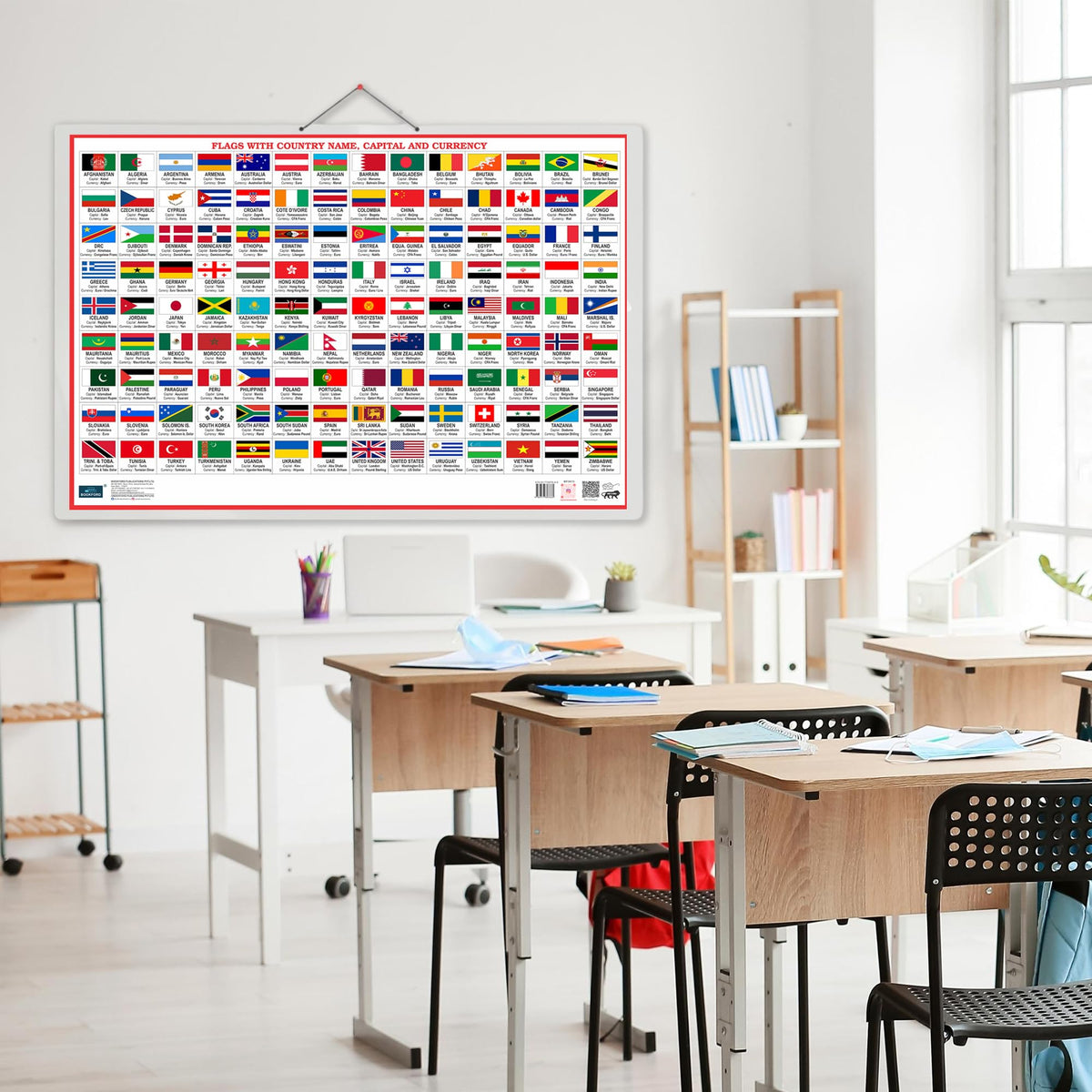 World Map And Flags 2in1 Double Side Printed Laminated 20 Inch x 30 Inch water proof With Country Name, Capital And Currency Chart For Kids Geography Learning Poster For School Classroom And Home