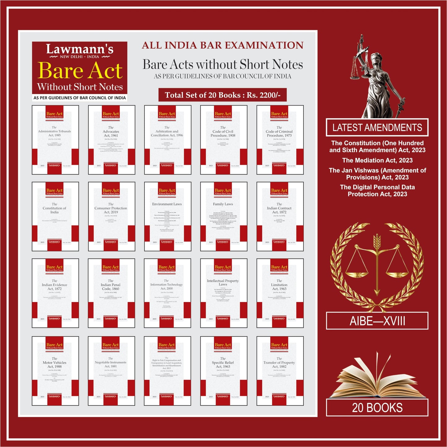 AIBE Bare Acts without Short Notes- Combo set of 20 Books with up to date Amendments as per Bar Council of India guidelines- by Lawmann – Latest Edition 2023