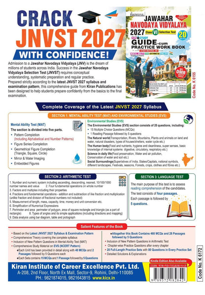 Jawahar Navodaya Vidyalaya Class 6 Selection Test 2027 EVS Included & Mental Ability & Arithmetic Based on New Pattern Practice Work Book (English Medium) (6172)