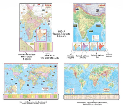 India & World Map (Both Political & Physical) with Indian Constitution and Indian History Chart | LAMINATED | Set Of 6 Maps and chart | Useful For Preparation Of UPSC, SSC, IES, RRB, and other exams