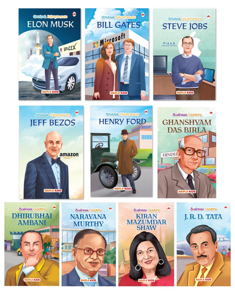 Story Books for Kids - Greatest Entrepreneurs (Set of 10 Books) (Illustrated) - Biographies for Kids - Elon Musk, Bill Gates, Jeff Bezos, Steve Jobs, Ambani, Narayana Murthy, … - Age 6+ Years