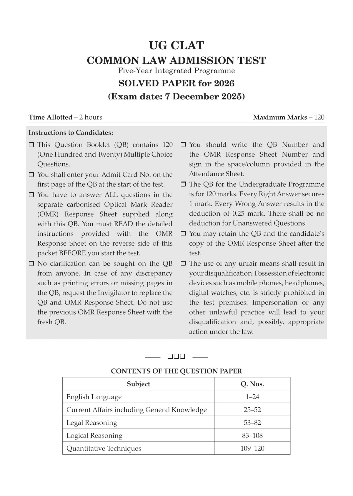 Oswaal CLAT (UG) & AILET | Year-wise | 10 Previous Solved Papers | (2021-2026) | For 2027 Admission Test
