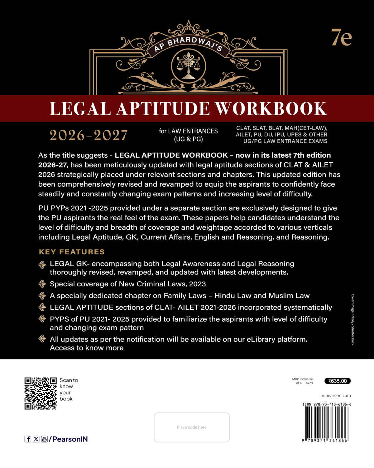 Pearson'26 Legal Aptitude Workbook Law Entrances (UG & PG) 2026-2027 (CLAT, SLAT, BLAT, MAH(CET-LAW), AILET, PU, DU, IPU, UPES, & Other UG-PG Law ... GK, Current Affairs, English, & Reasoning