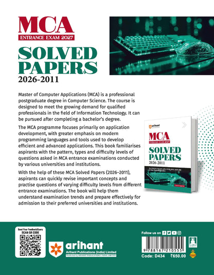 Arihant MCA Entrance Exam 2027 | 15 Years Solved Papers (2026–2011) for NIMCET, IIT JAM, JNU,Pune University, BHU, KIIT JEE & Other Regional Entrances | Previous Year Questions with Detailed Solutions