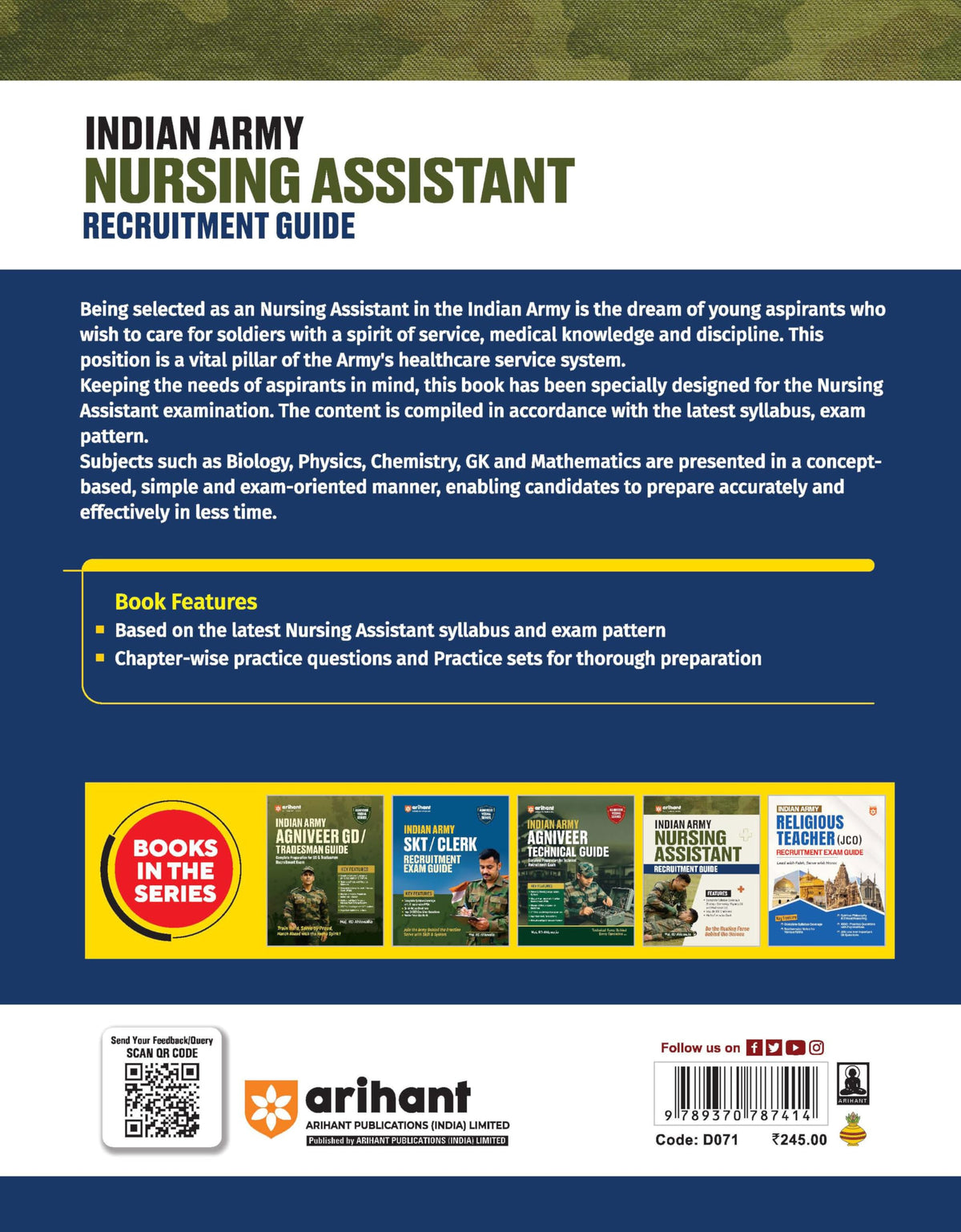 Arihant Indian Army Nursing Assistant Recruitment Exam | Complete Syllabus Coverage, Chapterwise PYQs, Maths Formulas | English Medium
