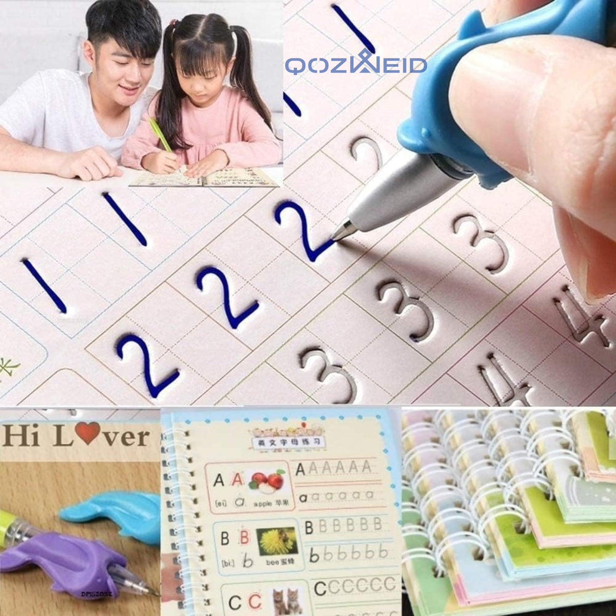 QOZWEID Magic Calligraphy, Homeschool Supplies, Preschool workbook, Numbers & English & Drawing & Mathematics Auto Fade Pen & 4 Books - 10 Riffile 1 Grip 1 pen (model -2026) size 19x3 cm