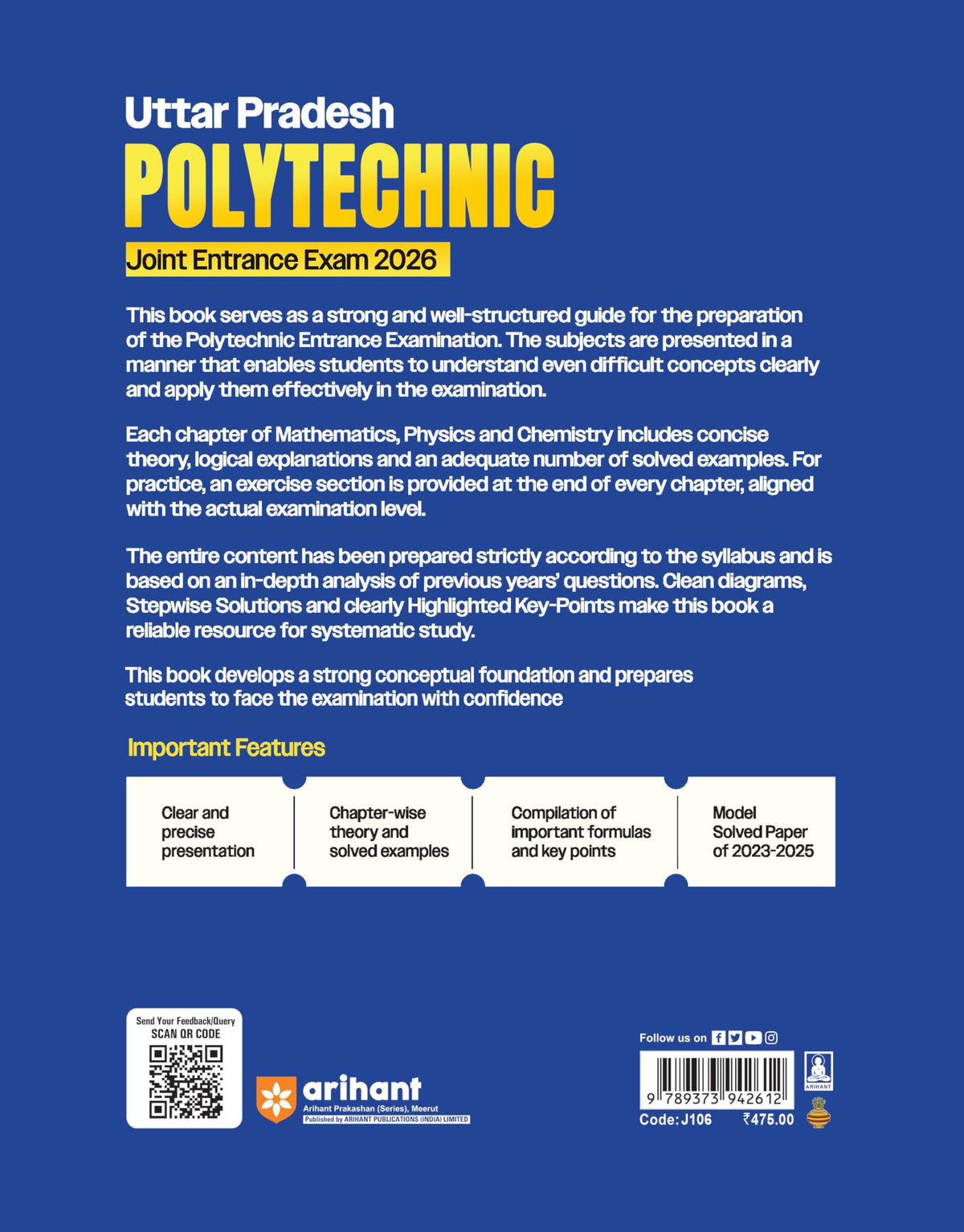 Arihant Uttar Pradesh Polytechnic Guide For Exam 2026 | UP Polytechnic Joint Entrance Exam Preparation Book | Mathematics, Physics & Chemistry | Includes Model Solved Paper 2025 | English Medium