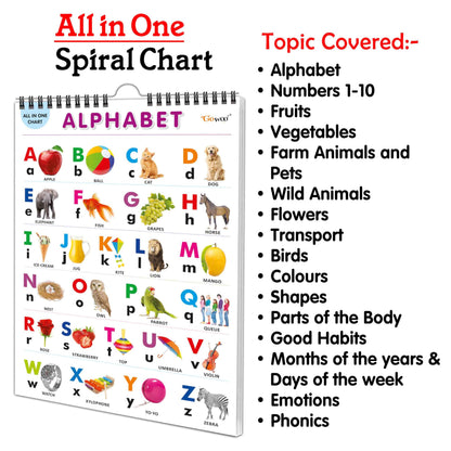 My First ALL IN ONE SPIRAL CHART : With 16 Topics ( Big Fonts and Realistic Pictures) | Gift Set For Kids