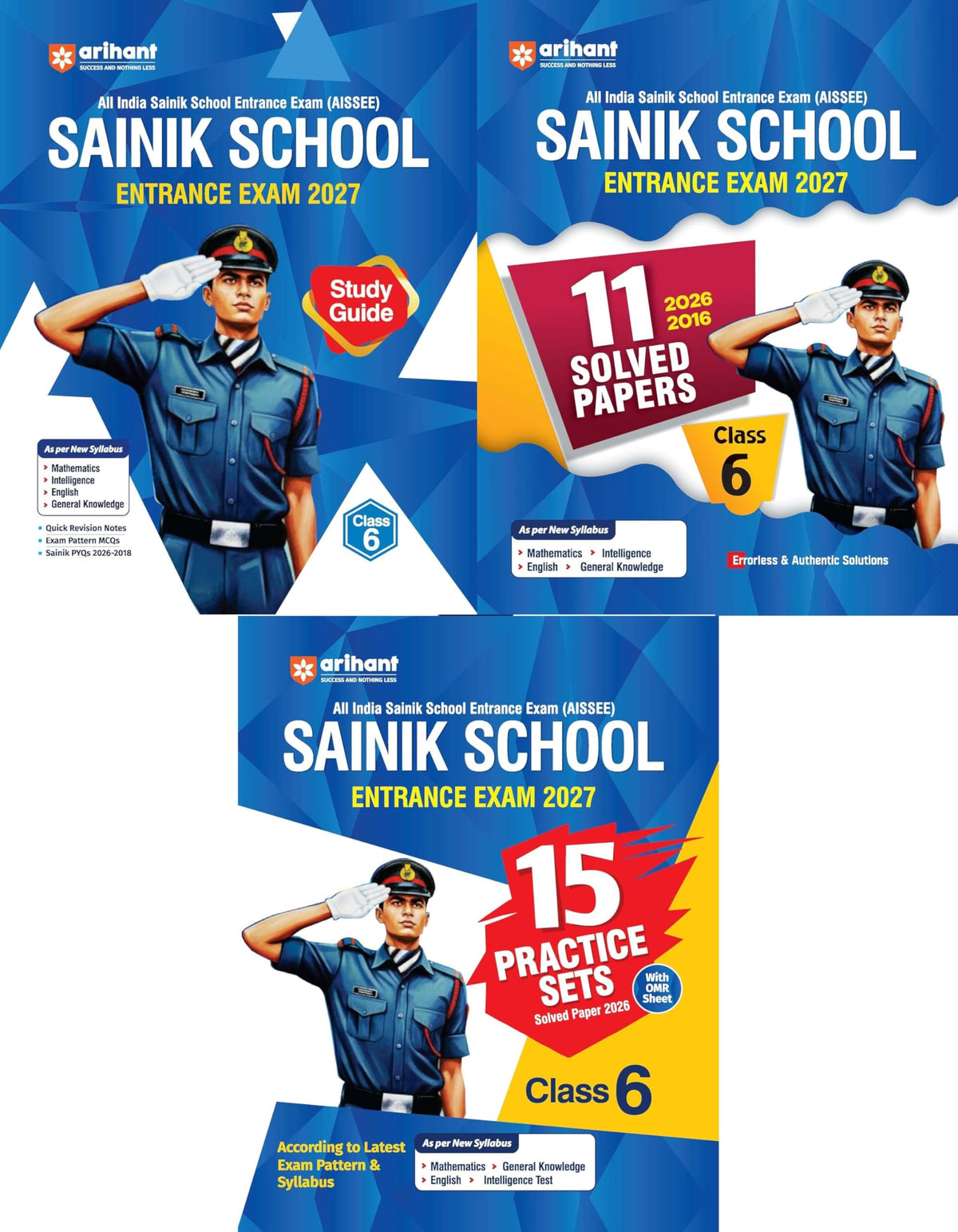 Arihant Sainik School Entrance Exam 2027 for Class 6 AISSEE - Study Guide + 11 Solved Papers 2016 - 2026 + 15 Practice Sets - Combo Set of 3 Books - 2027/Ed.