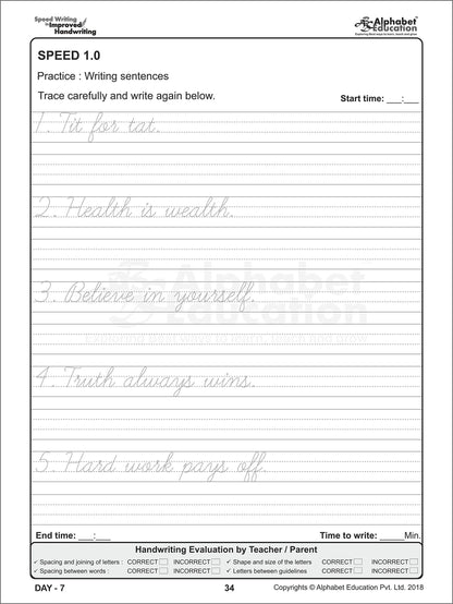 Speed Writing In Improved Handwriting - Cursive writing - Book A (For Age 6-9 Years) - Cursive handwriting practice book