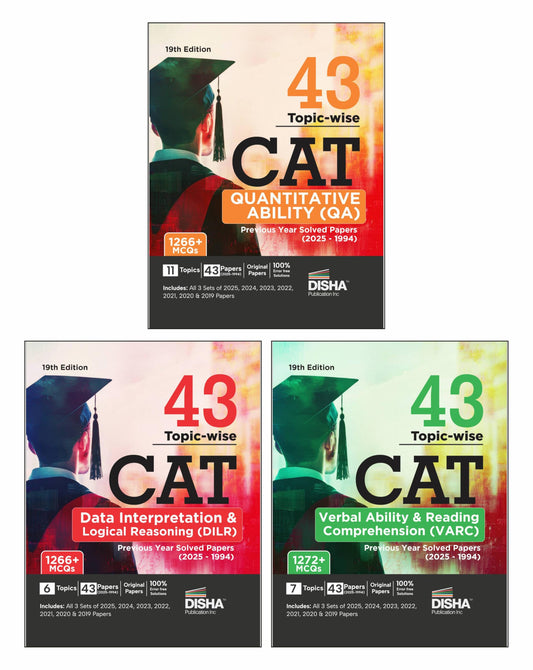 Disha Combo (3 Books) 43 Topic-wise CAT QA, DILR & VARC Previous Year Solved Papers (2025 - 1994) 19th Edn | Previous Year Questions PYQs for CAT 2026