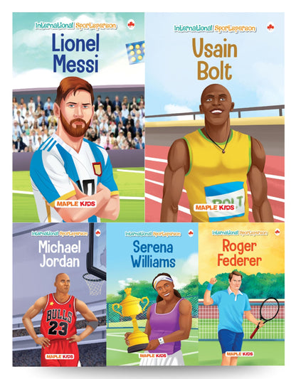 Story Books for Kids - Sportspersons (Set of 5 Books) (Illustrated) - International Sportsmen - Messi, Roger Federer, Serena Williams, Michael Jordan, Usain Bolt - Biographies for Children - Age 6+