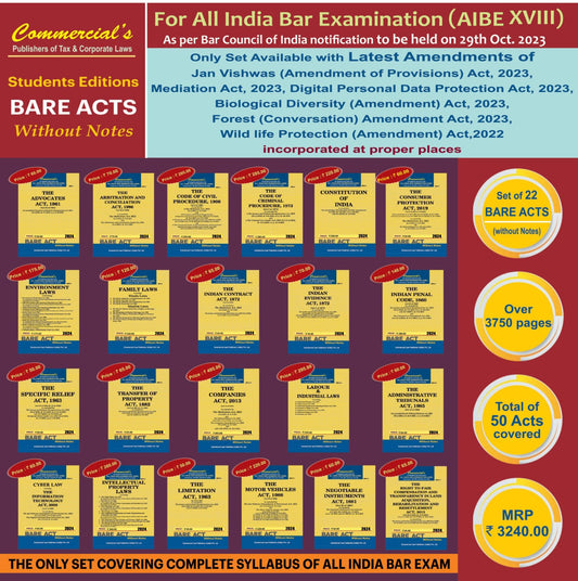 AIBE Bare Acts Combo without Notes 2023 EDITION- as per Bar Council of India Guidelines set of 22 Bare Acts covering 50 Acts COMPLETE SYLLABUS - LATEST 2023 EDITION
