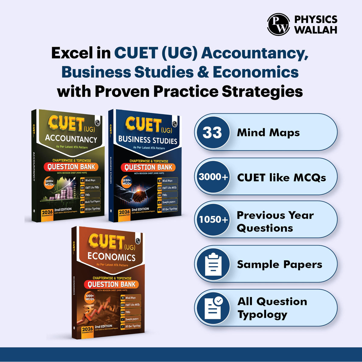 PW CUET (UG) Accountancy, Business Studies & Economics Combo Set of 3 Books Chapterwise & Topicwise Question Bank For 2026 Exam | Theory, Exercise, PYQ (2025-2022) & Mock Tests