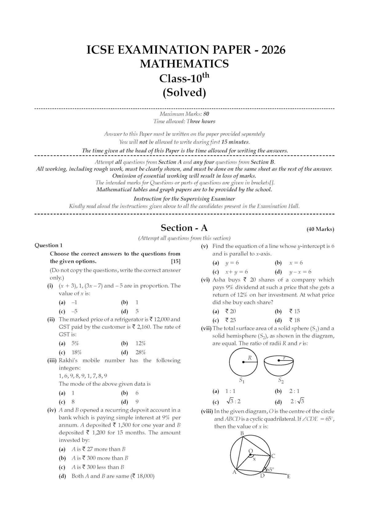 Oswaal Class 10 ICSE Question Bank Mathematics (2017-2026) | For 2027 Exam Chapter-wise & Topic-wise with Competency Based Questions | Includes 2026 Paper - fully solved | Self-Assessment Papers
