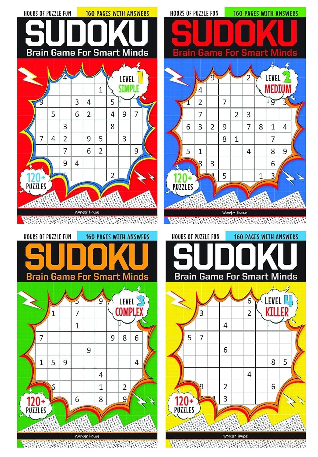 Sudoku-Brain Games For Smart Minds Box Set of 4 Books : Brain Booster Puzzles for Kids,480+ Fun Game