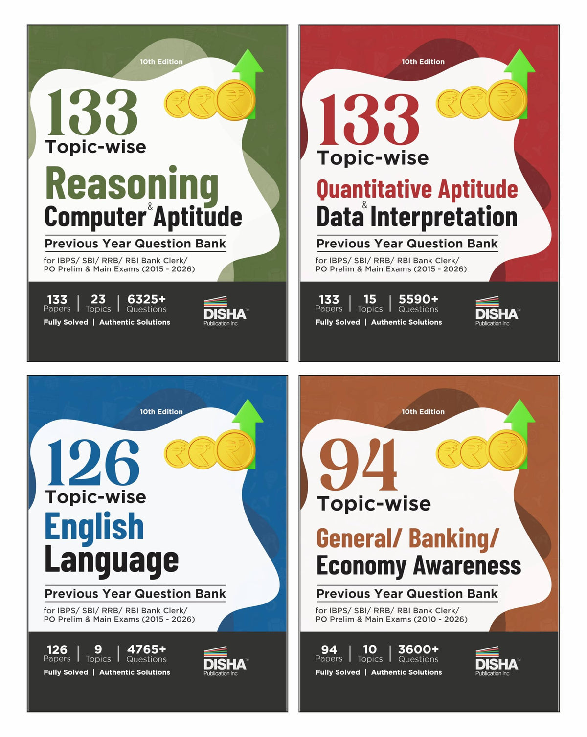 Disha Combo (set of 4 Books) 138 Topic-wise Reasoning/ Quantitative Aptitude/ English/ General Awareness Solved Papers for IBPS/ SBI/ RRB/ RBI Bank Clerk/ PO Prelim & Main Exams (2010 - 2026) 10th Edn