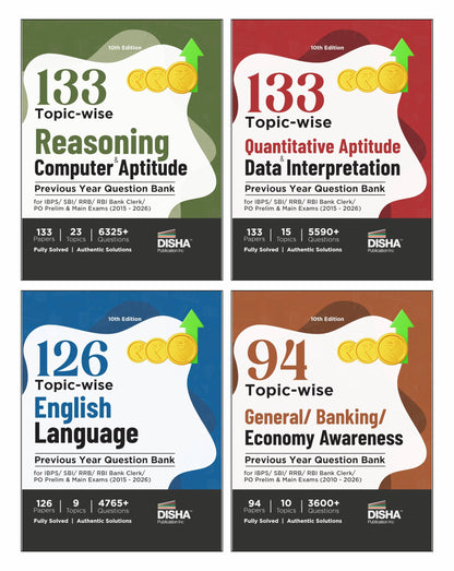 Disha Combo (set of 4 Books) 138 Topic-wise Reasoning/ Quantitative Aptitude/ English/ General Awareness Solved Papers for IBPS/ SBI/ RRB/ RBI Bank Clerk/ PO Prelim & Main Exams (2010 - 2026) 10th Edn
