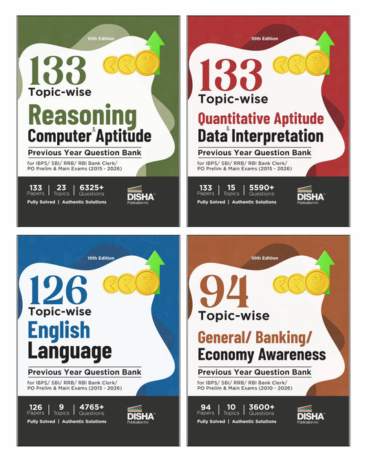 Disha Combo (set of 4 Books) 138 Topic-wise Reasoning/ Quantitative Aptitude/ English/ General Awareness Solved Papers for IBPS/ SBI/ RRB/ RBI Bank Clerk/ PO Prelim & Main Exams (2010 - 2026) 10th Edn