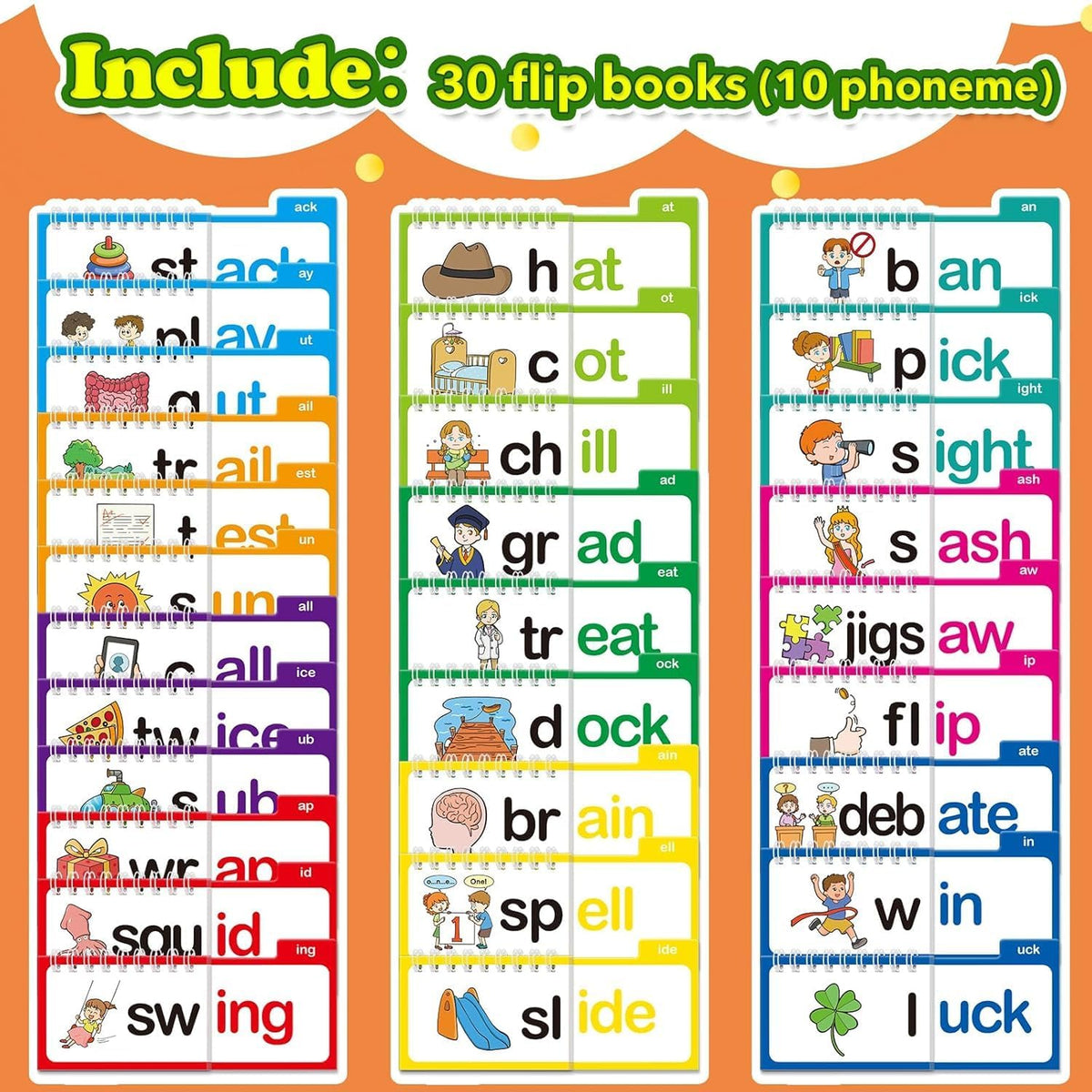 SHNMN 30PCS Read and Rhyme Flip Books, Interesting Word Family Flip Books, ABC Vocabulary Cards, Sight Words Flash Cards Kindergarten, Read and Rhyme Flip Activity Book