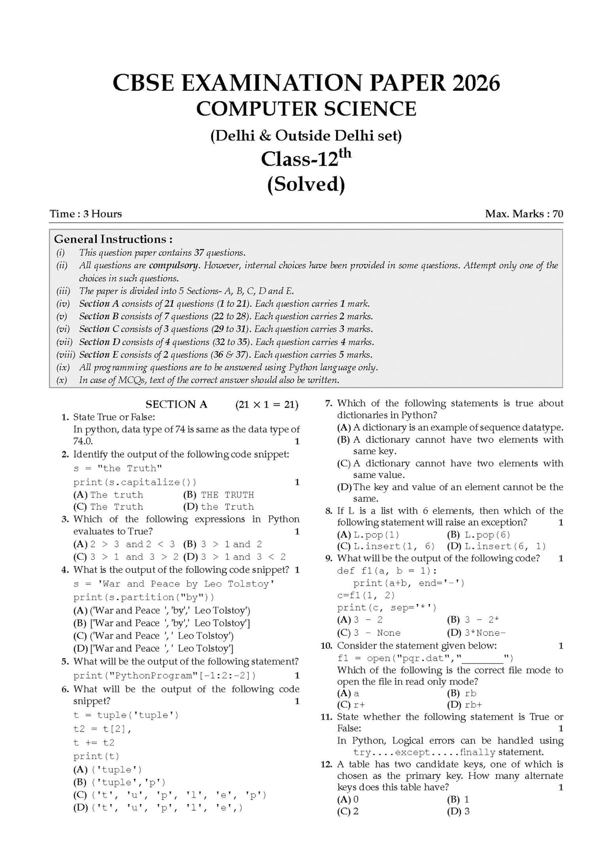 Oswaal CBSE Class 12 Computer Science Question Bank | Chapter & Topic-wise Solved Papers (2017–2026) | Based on Latest Syllabus (April 2026) | Includes 2026 Papers | For 2027 Exam