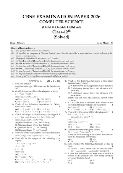 Oswaal CBSE Class 12 Computer Science Question Bank | Chapter & Topic-wise Solved Papers (2017–2026) | Based on Latest Syllabus (April 2026) | Includes 2026 Papers | For 2027 Exam