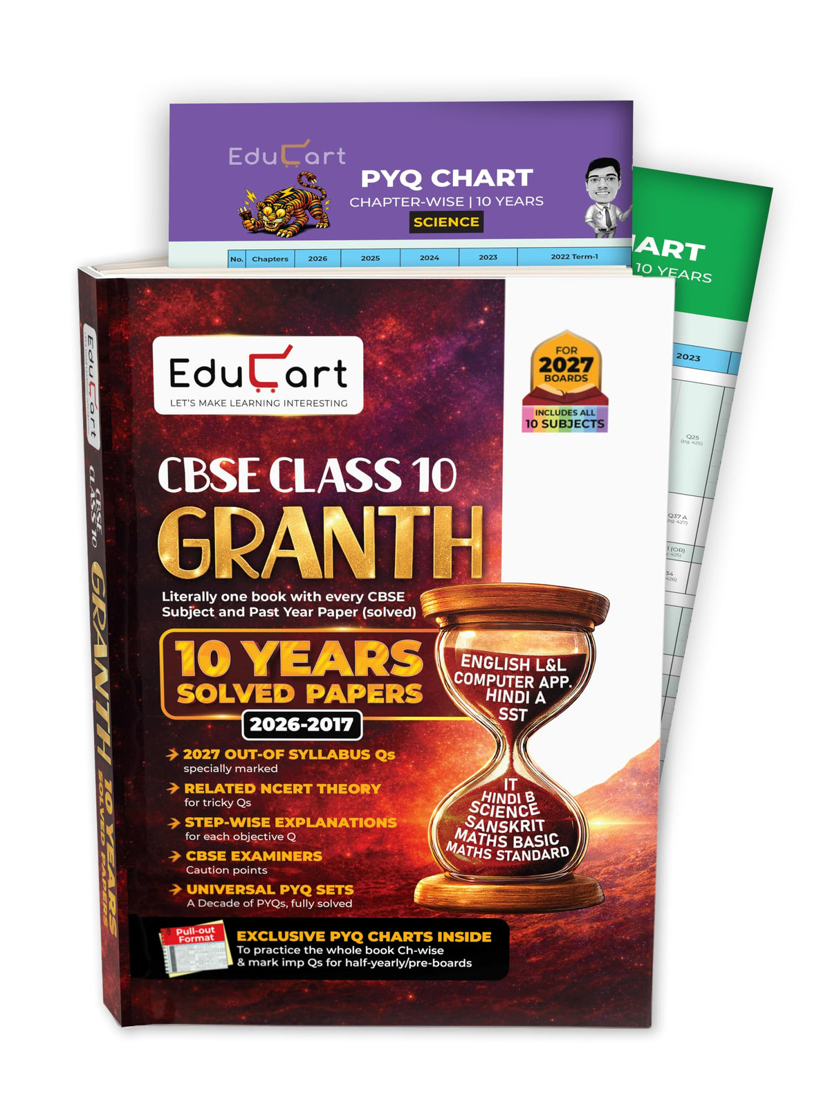 (10 subjects in 1) Educart Granth CBSE Class 10 Previous 10 Year Solved Papers 2027 - with PYQ Charts (Hindi A, Hindi B, English, Computer Apps, IT, ... Maths Basic, Social Science & Science)