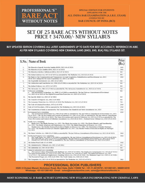 Professional's AIBE Exam – 25 Bare Acts Set without Notes: Complete Combo as per Bar Council of India Guidelines with Latest Amendments | Covers New Criminal Laws & Full Syllabus (Economy Edition)