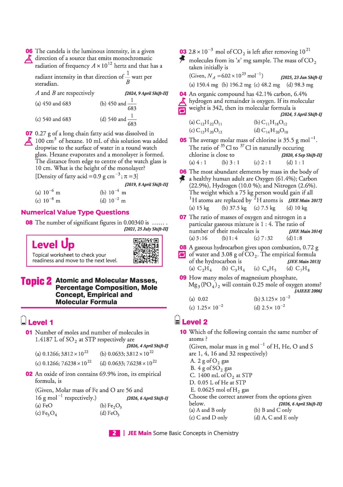 Arihant 25 Years JEE Main Chemistry | Chapterwise Topicwise Levelwise 3500+ MCQs (2026–2002) for JEE Main & AIEEE | NTA Authenticated Answers & Topicwise Worksheets | Key Ideas, Concept Enhancer