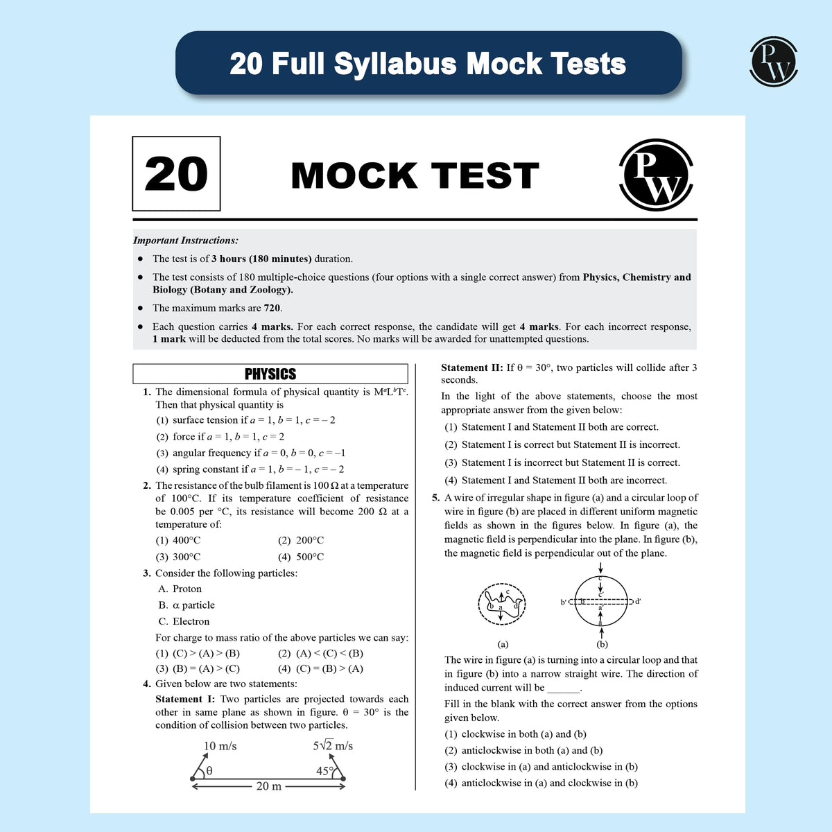 PW 20 NEET Dream 720 Mock Tests For 2025-2026 Exams As Per New Exam Pattern (180 Questions) | Full Syllabus Tests to All NEET Twist of Physics, Chemistry and Biology [Paperback] PW