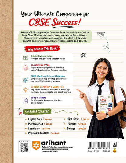 Arihant CBSE Question Bank Class 12 Physics For Board Exam 2027 | Chapterwise PYQs (2026–2016) with Revision Theory, Detailed Solutions, Exam Tips & Sample Papers As per Latest CBSE Syllabus