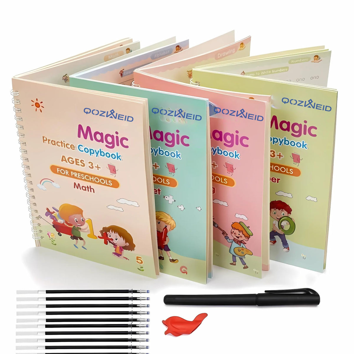 QOZWEID Magic Calligraphy, Homeschool Supplies, Preschool workbook, Numbers & English & Drawing & Mathematics Auto Fade Pen & 4 Books - 10 Riffile 1 Grip 1 pen (model -2026) size 19x3 cm