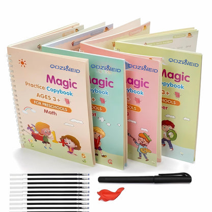 QOZWEID Magic Calligraphy, Homeschool Supplies, Preschool workbook, Numbers & English & Drawing & Mathematics Auto Fade Pen & 4 Books - 10 Riffile 1 Grip 1 pen (model -2026) size 19x3 cm