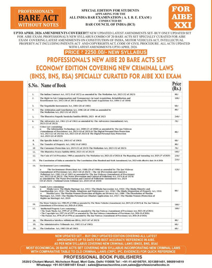 PROFESSIONAL'S NEW SYLLABUS ECONOMY EDITION Bare Acts without Notes for AIBE as per BCI Guidelines- New & Updated Set of 20 Books covering latest amendments includes New Criminal Laws (BNSS, BNS, BSA)