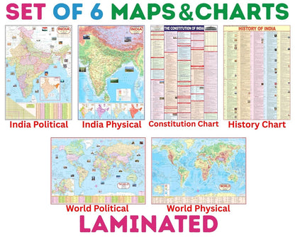 India & World Map (Both Political & Physical) with Indian Constitution and Indian History Chart | LAMINATED | Set Of 6 Maps and chart | Useful For Preparation Of UPSC, SSC, IES, RRB, and other exams